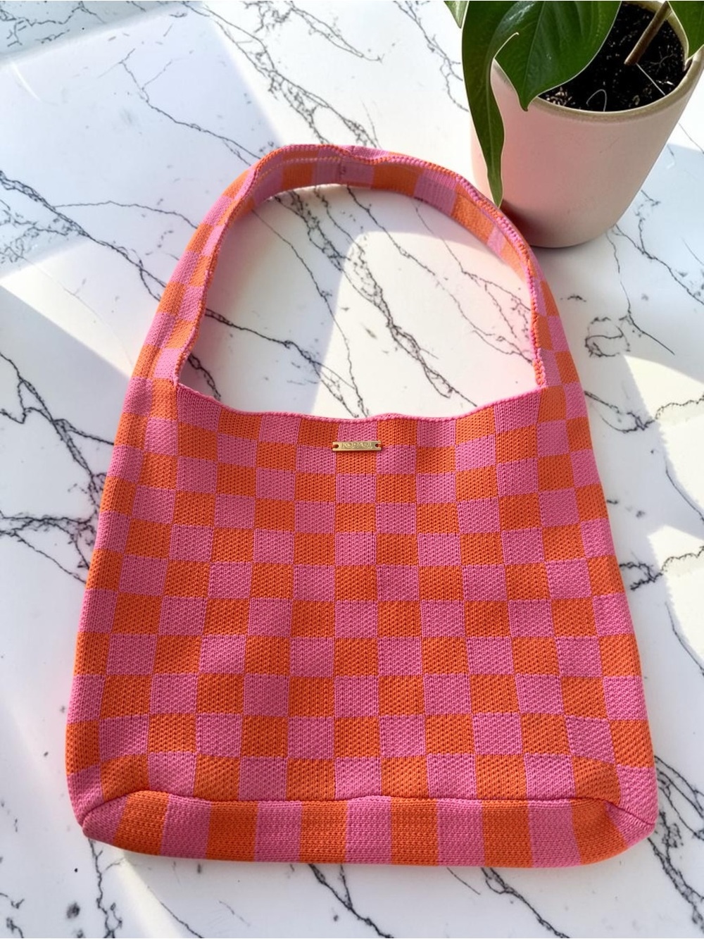 Kopari Pink and Orange Checker Knit Shoulder Tote